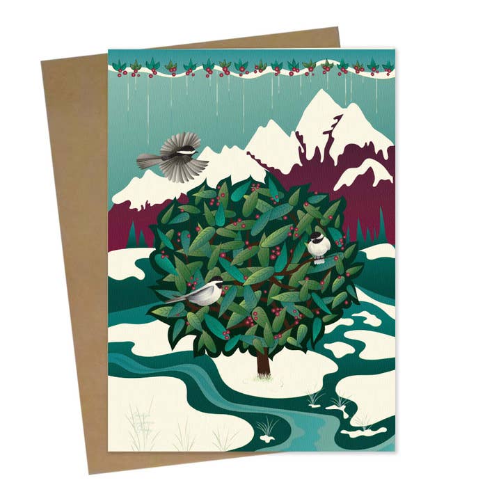 Greeting Card on Bamboo Paper - Chickadee Winter Berry for wholesale by Bella Blue Designs
