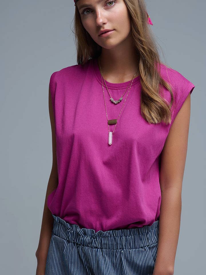 Fuchsia Sleeveless cotton T-shirt for wholesale by Q2—All Orders:Free Duties for the US,UK,and Canada