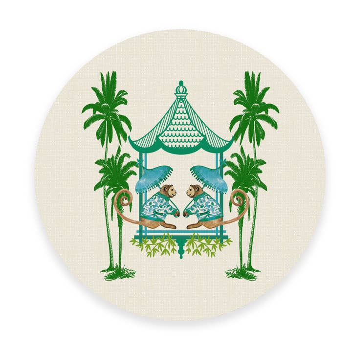 Marye-Kelley - Wholesale Placemat - Chic Monkey With Palms Aqua and Green Linen Placemats