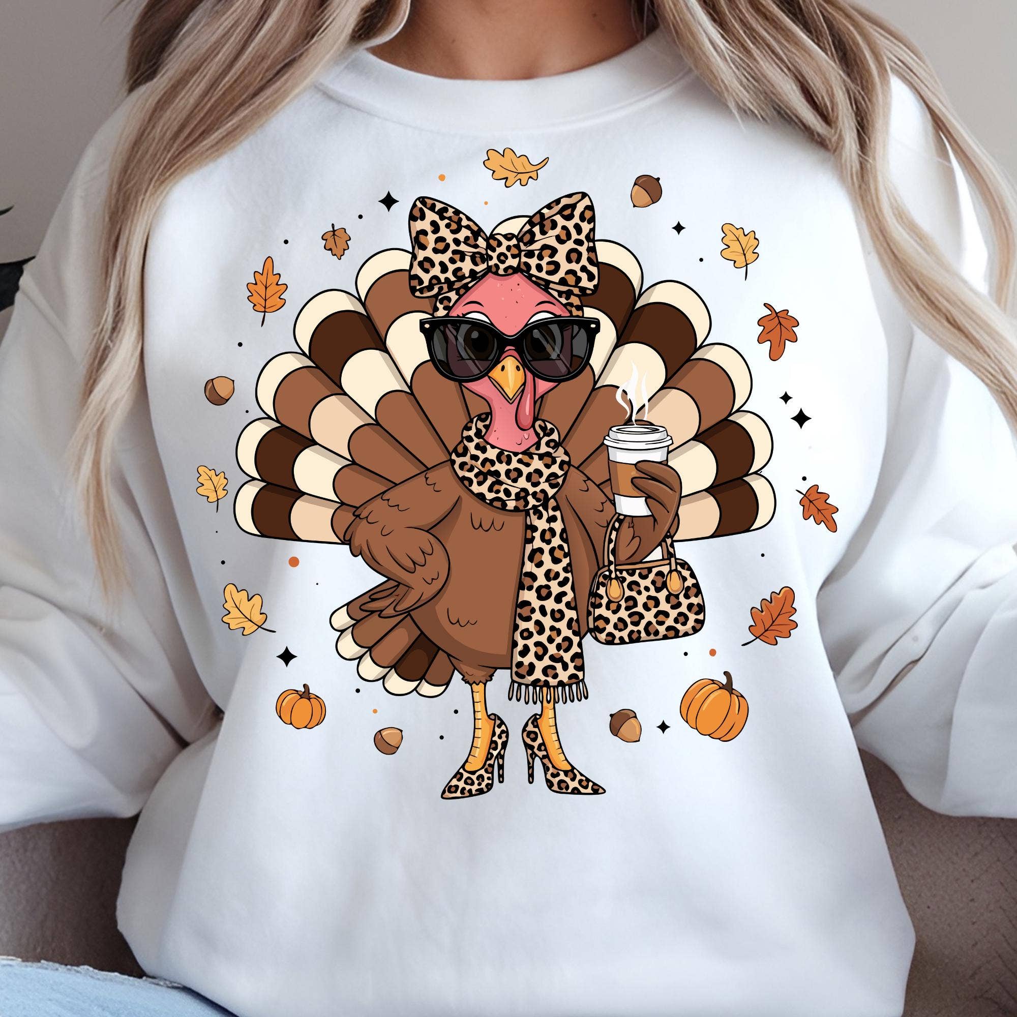 NVC Ecommerce LLC - Vendita all'ingrosso Maglietta stampata - Donna - Maglietta Divertente Tacchino Boujee, Felpa Leopardata del Ringraziamento1