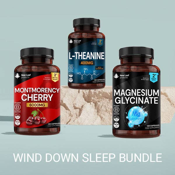 The Wind Down Sleep Bundle: Magnesium Glycinate + Montmorency Cherry + L-Theanine (Non-Melatonin) for wholesale by New Leaf products Ltd