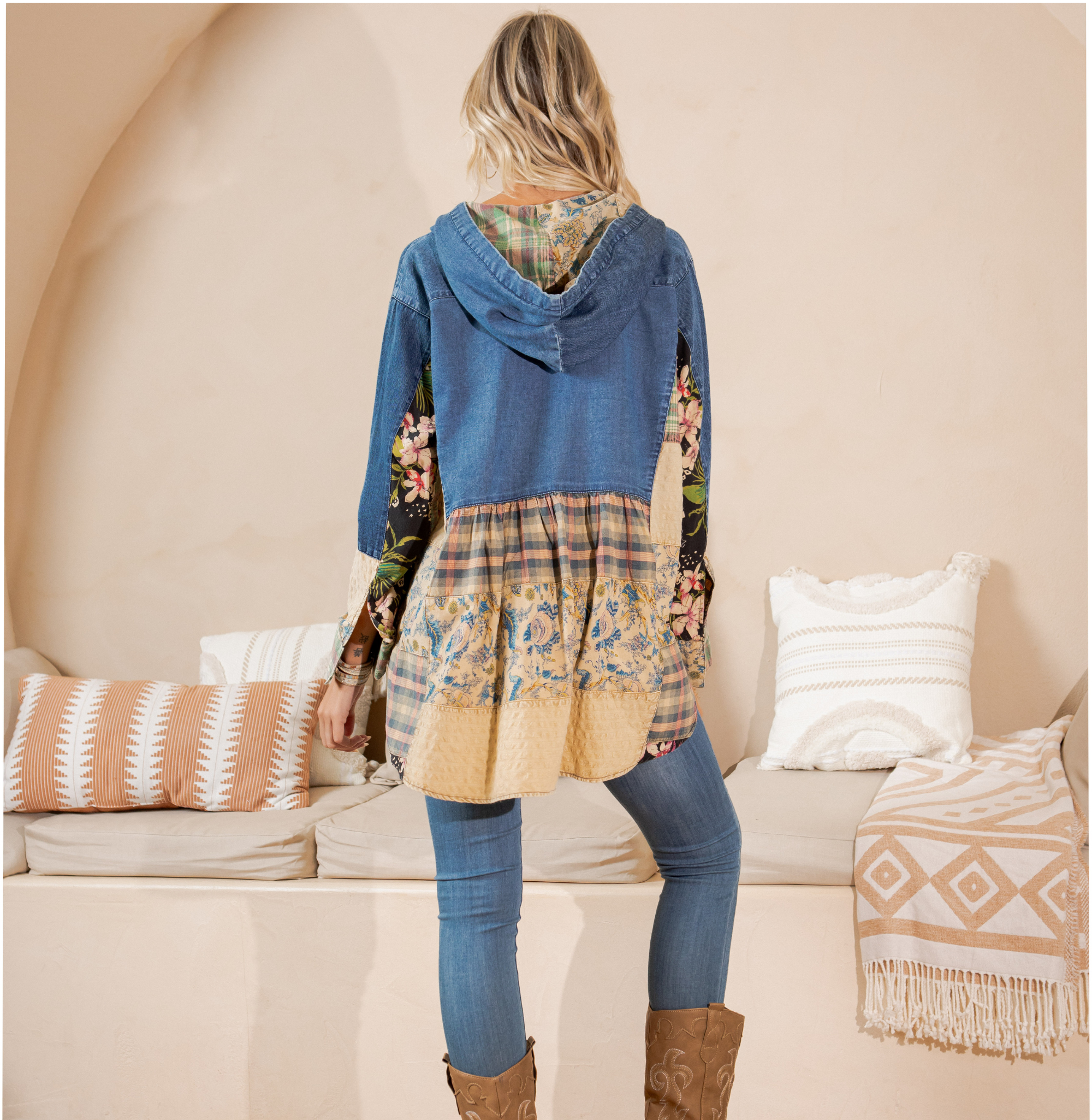 Young Threads - Wholesale Tunic - Women's - Western Boho Chic: Hooded High Low Patchwork Top19