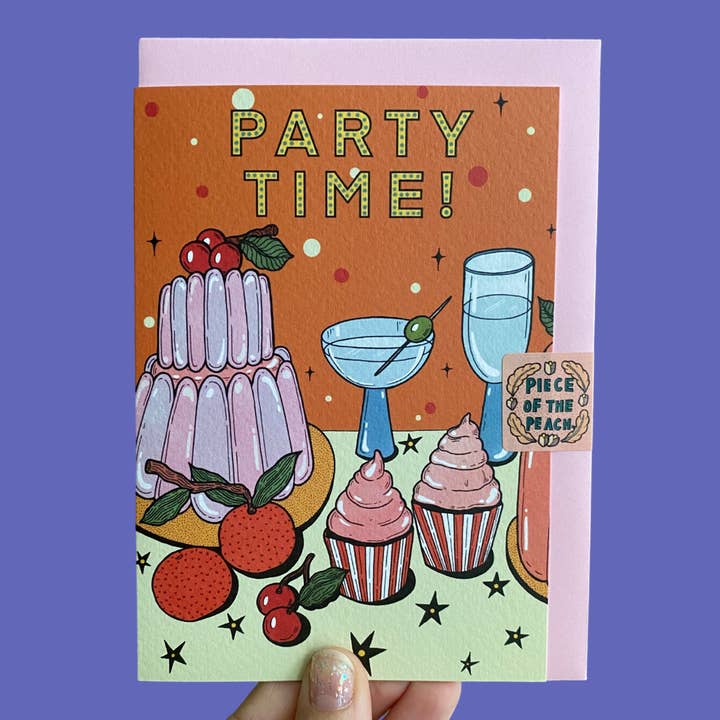 Party Time - Celebratory card with food illustration for wholesale by Piece of the Peach