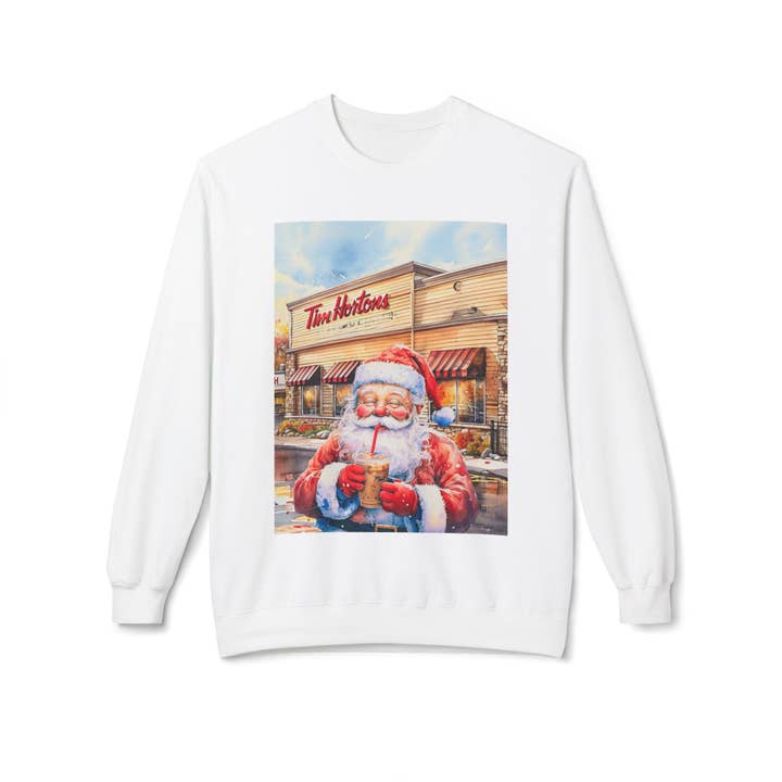 Buffalovely - Wholesale Graphic Sweatshirt - Women's - Santa with an Iced Coffee at Tim Horton's Cozy Unisex Christmas Crewneck Sweatshirt1