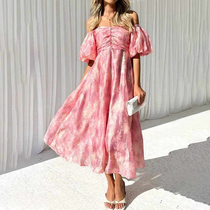 OFF THE SHOULDER SHORT SLEEVE FLORAL DRESS_CWDSD2975 for wholesale by Lily Clothing