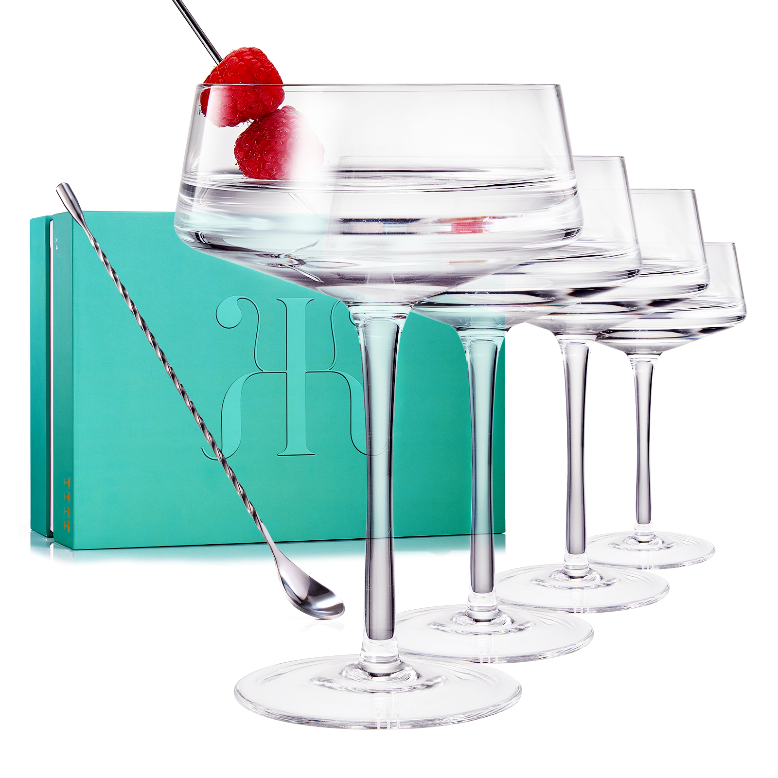 The Wine Savant /  Khen Glassware - Wholesale Cocktail/Liquor Glass - Luxury Martini Glass Set of 4 | 10oz with Silver Spoon0