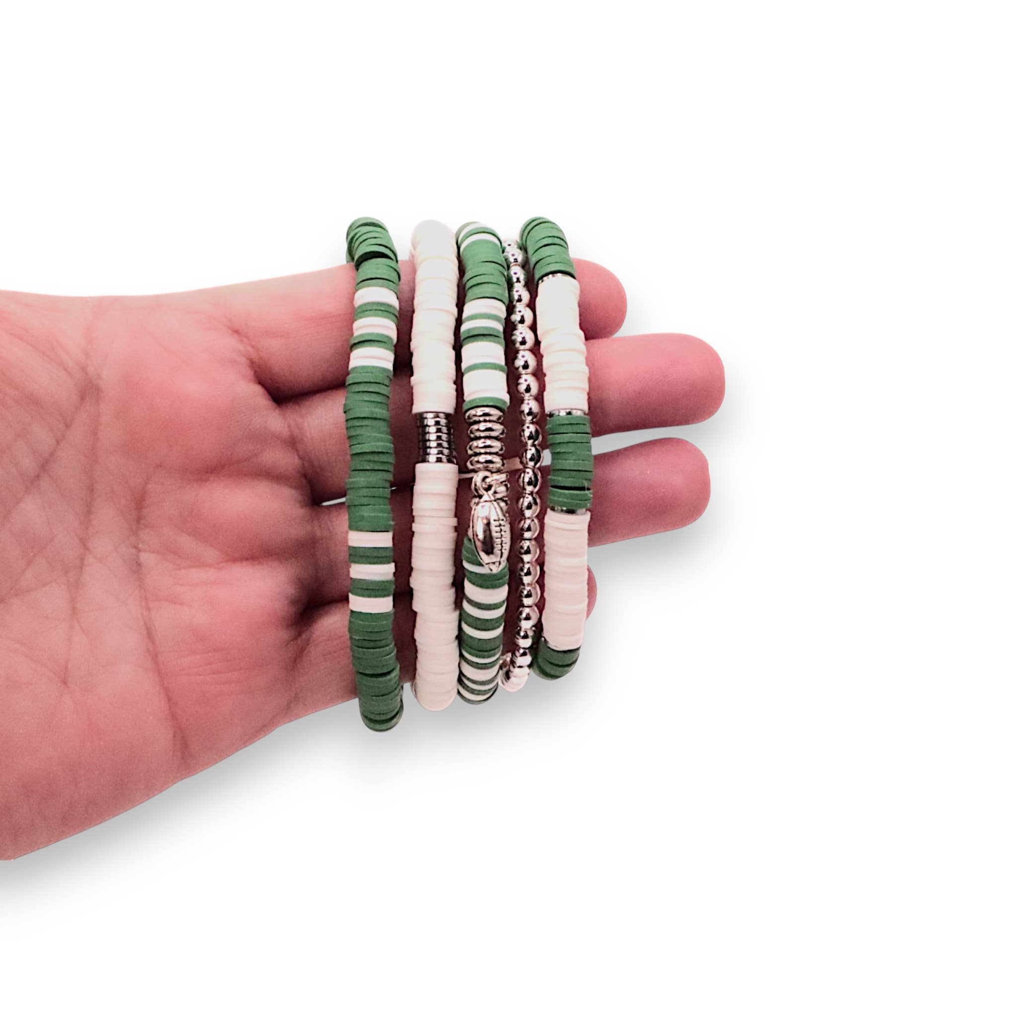 Fish Towne Designs, LLC - Wholesale Jewelry Set - Green and White Game Day Bracelet Stack4