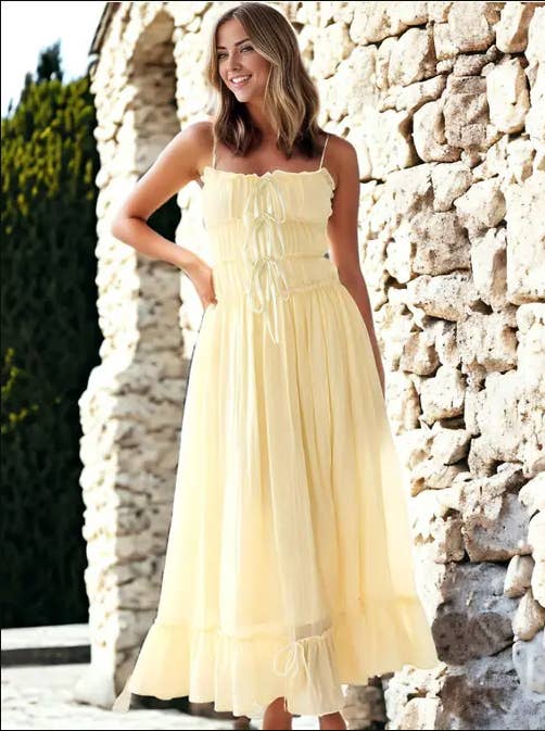 Anna Kaci Wholesale - Wholesale Dress - Women's - Tie Detail Lace  Up High Waist Long Swing Ruffle Dress1