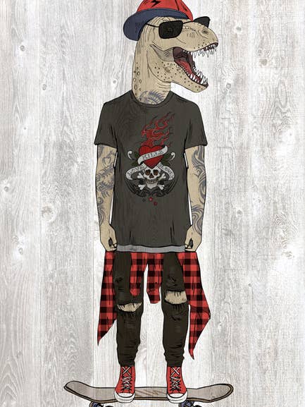 Poster di dinosauro antropomorfo T-Rex su skateboard per la vendita all'ingrosso da parte di Keep Calm Collection