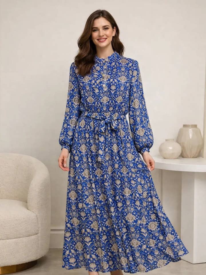 Italian Womens Floral Long Sleeve Mandarin Collar Maxi Dress with Tie Waist for wholesale by Miss Bold