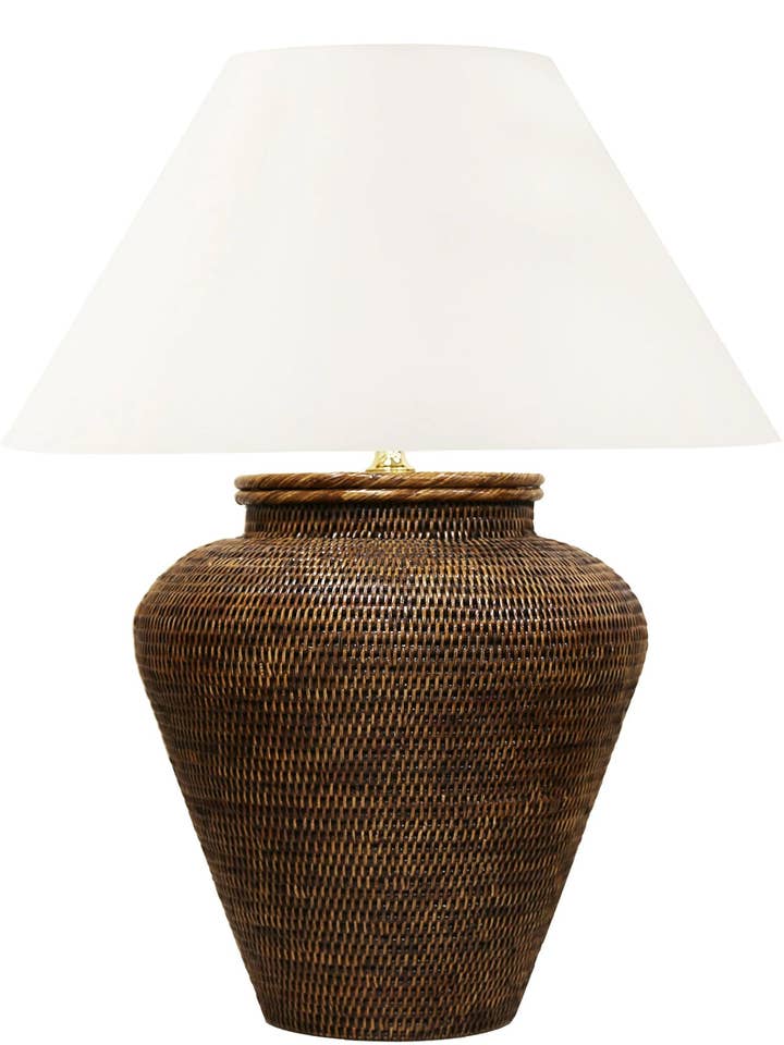 Nantucket Rattan Large Table Lamp, Antique Brown with Empire Lampshade for wholesale by Fox Mill Lighting & Supply Co.