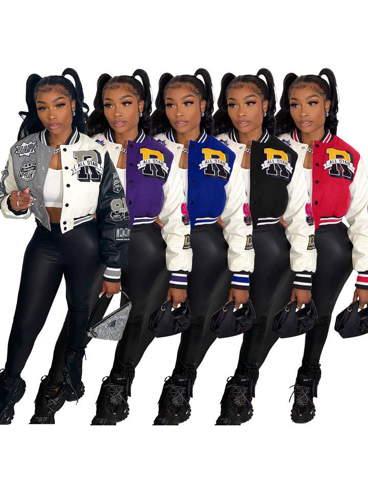 MB Fashion Wholesale - Wholesale Varsity/Baseball Jacket - Women's - MB FASHION CROPPED PRINTED BASEBALL JACKET 8123LY