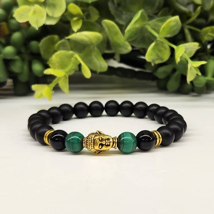 Pulsera de malaquita/obsidiana negra mate con Buda, 8 mm, 7,5 pulgadas de largo para venta al por mayor de Meraki Gemstones