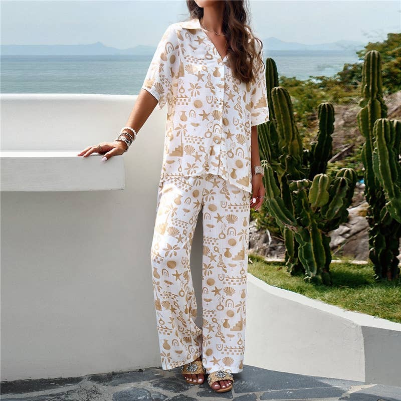 FurDecoration – Großhandel Loungewear-Set – Damen – Kurzarmanzug mit geometrischem Aufdruck am Revers9