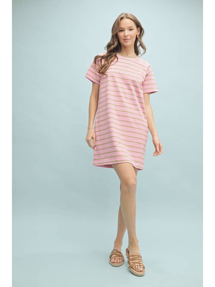 PINK MOCHA STRIPED T-SHIRT MINI DRESS / WL24-9641 for wholesale on Faire