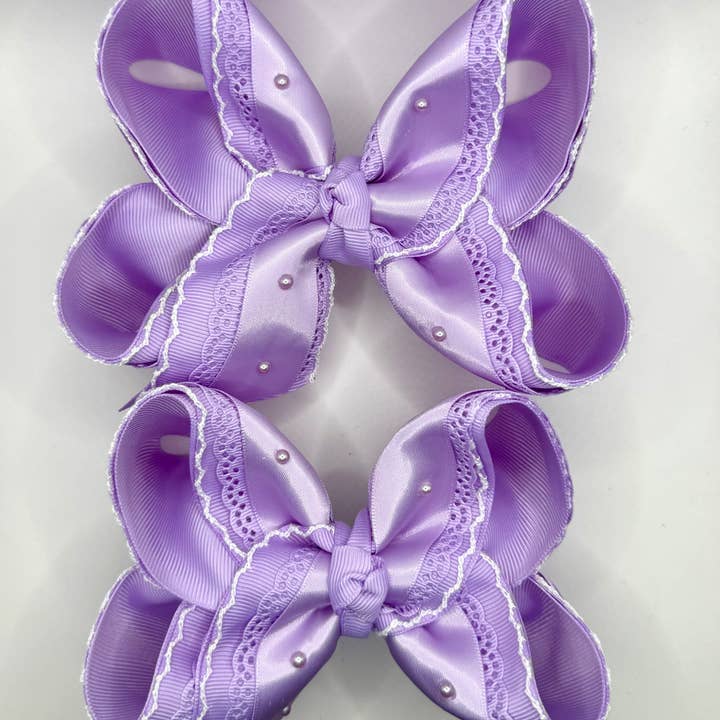 Purple Pearl Satin Lace Bow for wholesale by Luminous Sky Bowtique