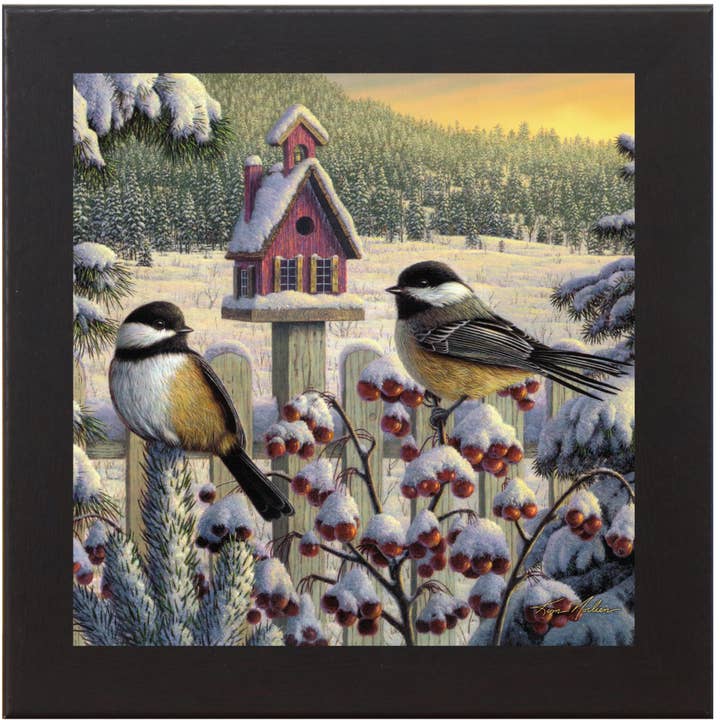 Winter Chickadees Kim Norlien Art Winter Birdhouse Art Sign for wholesale by Summer Snow Art
