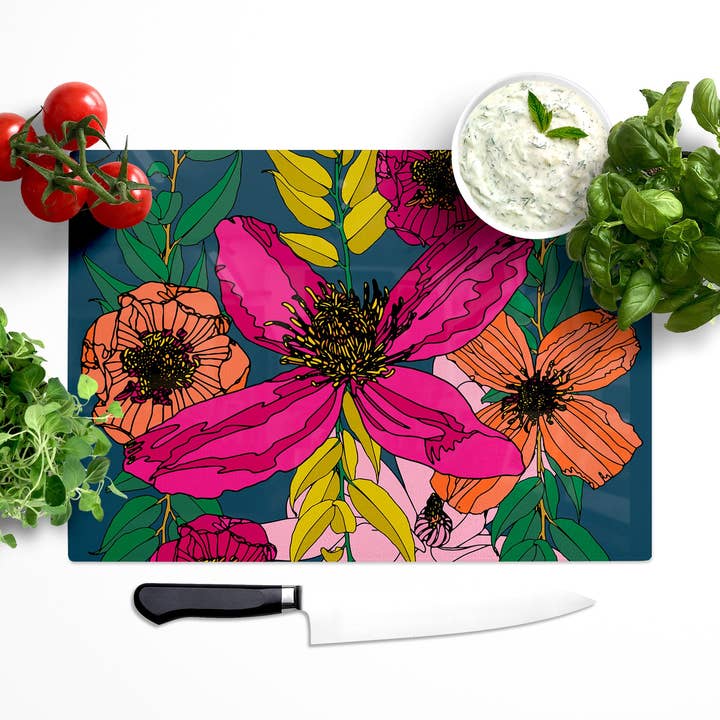 Vivid Blooms Navy Floral Glass Worktop Saver for wholesale by Bean and Bemble