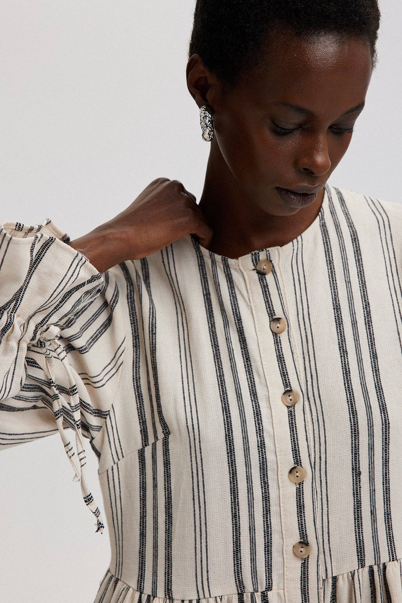 Beige STRIPED COTTON MAXI SHIRT DRESS WITH RUFFLED CUFFS for wholesale on Faire4