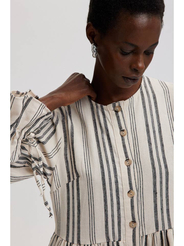 Beige STRIPED COTTON MAXI SHIRT DRESS WITH RUFFLED CUFFS for wholesale on Faire4