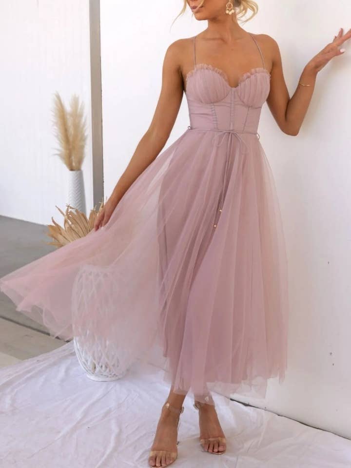 React Activewear - Wholesale Dress - Women's - Sweetheart Neck Tulle Midi Dress10