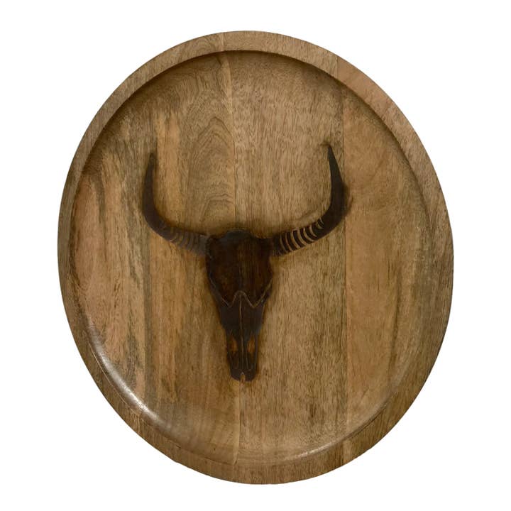Wilco Home - Wholesale Serving Tray - "Branding Iron" Cow Skull Mango Wood Charcuterie Tray