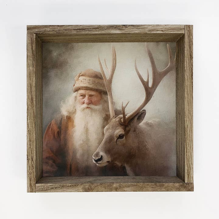 Hangout Home - Wholesale Christmas Wall Art - Vintage St. Nick & Reindeer - Rustic Holiday Canvas Wall Art