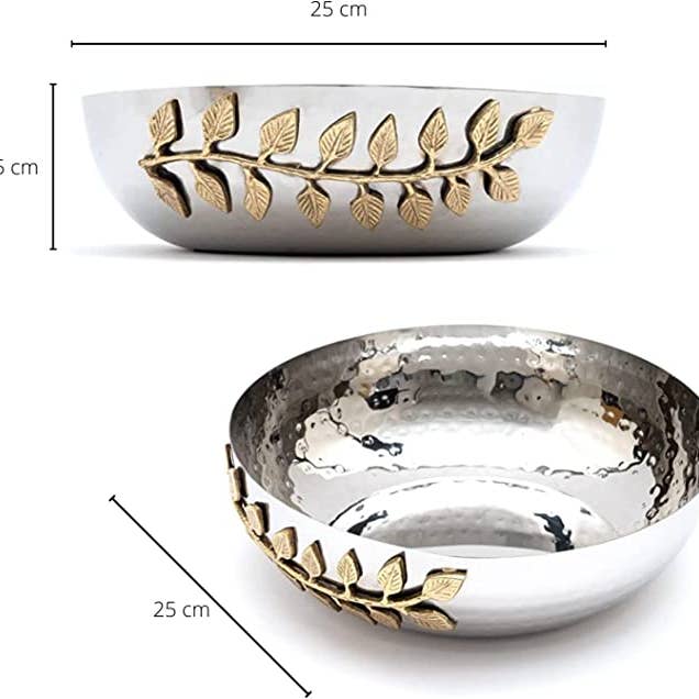 The Wine Savant / Khen Glassware - Wholesale Bowl - Silver Hammered Bowl with Golden Leaf Vine, Metal & Brass