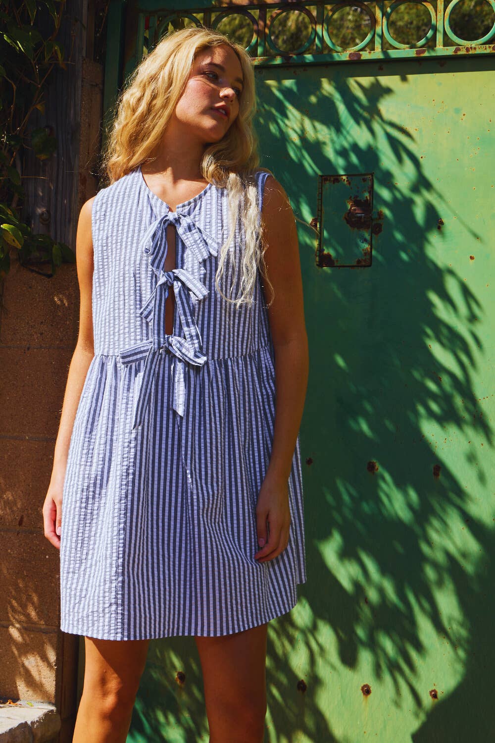 Fuchsia D4368 Seersucker Stripe Print Front Bow Detail Dress for wholesale on Faire5