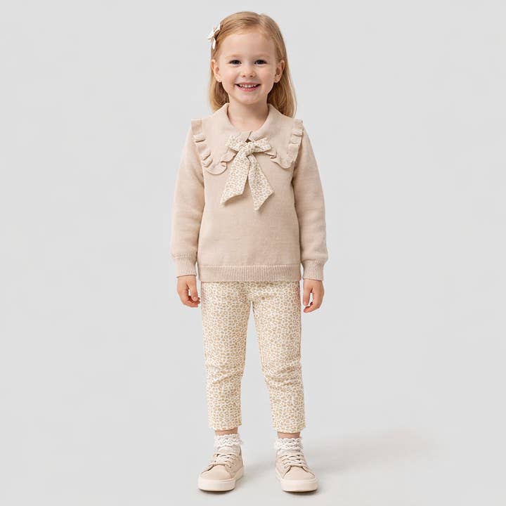 Girls 2-5 Years Cotton Sweater Set-Elegant Bow&Leopard Pants for wholesale by Omnis Pura