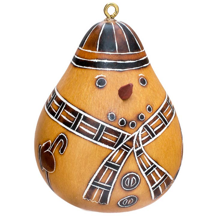 Hand Carved Gourd Snowman Ornament Carving 3" Natural Color for wholesale by Sanyork Fair Trade