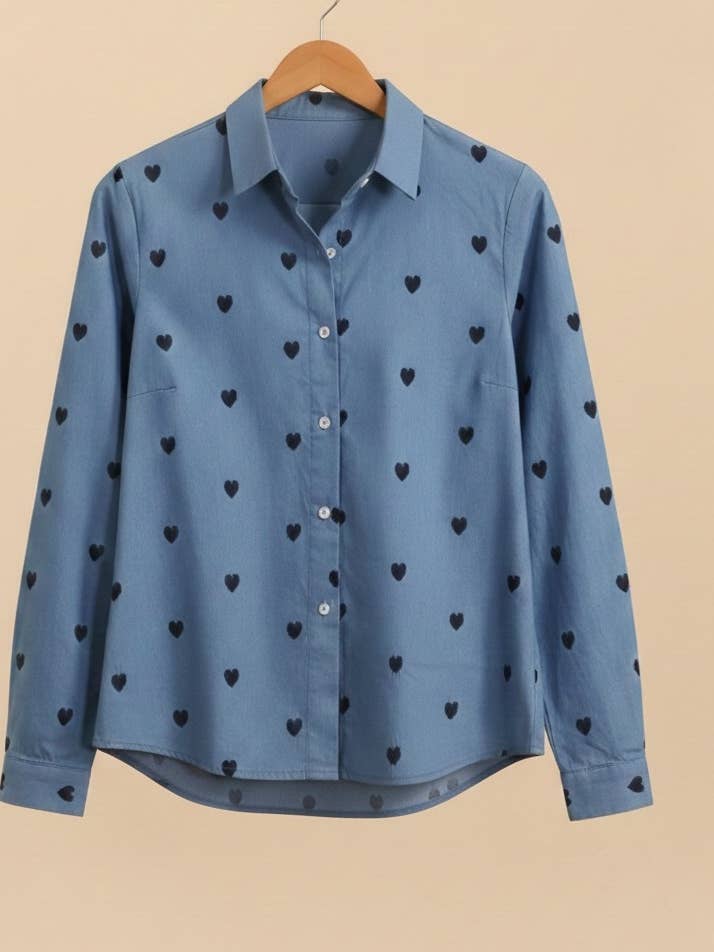 MOOYA - Venta al por mayor Camisa con botones - Mujer - Camisa con bordado de corazones azul marino - SJ0021