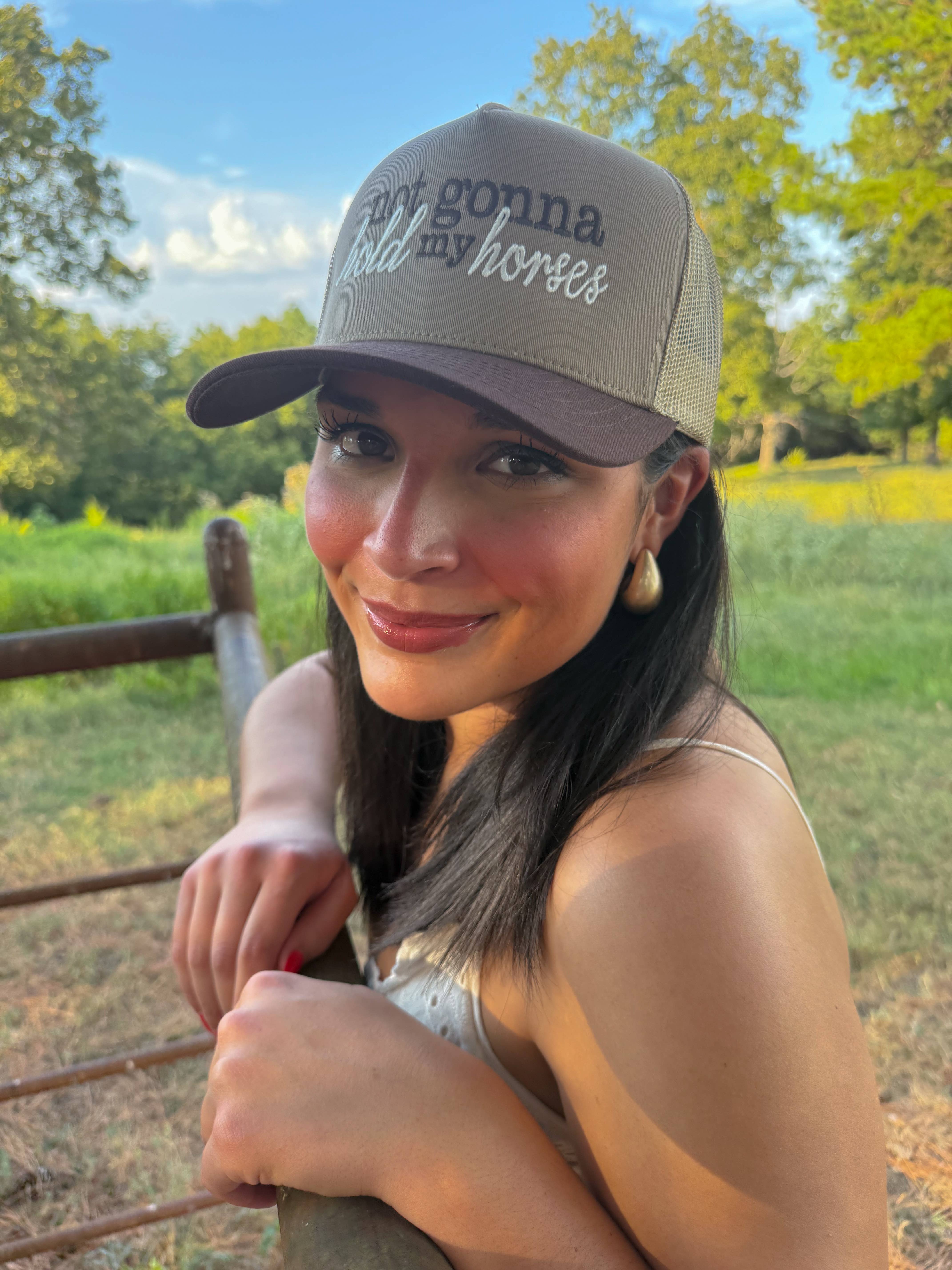 Brown Hold Horses Embroidered Trucker Hat for wholesale on Faire