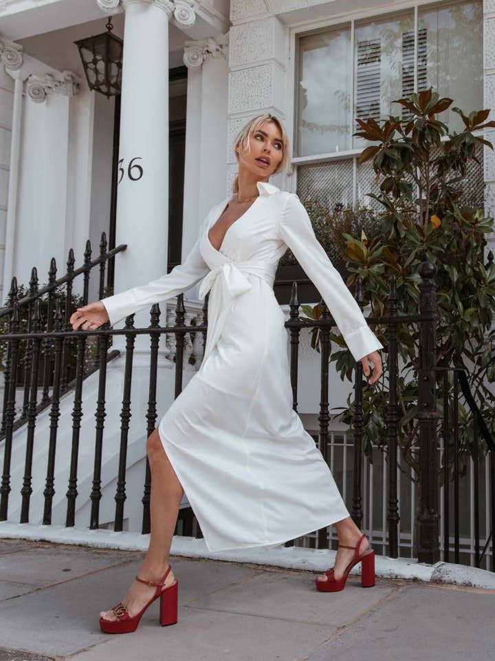 White Satin Wrap Shirt Dress for wholesale by Kands London