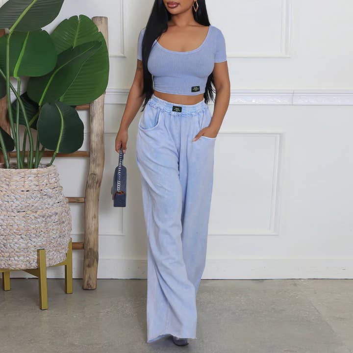 Rosa Clothing - Wholesale Top & Pant Set (NOT Loungewear) - Women's - Sexy U-Neck T-Shirt Wide-Leg Pants Two-Piece Set