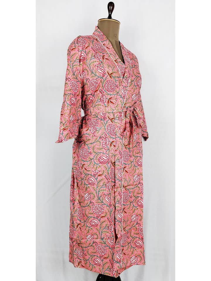 Rosa Vestaglia da casa indiana stampata a mano in puro cotone, kimono estivo | Pi in vendita all'ingrosso su Faire