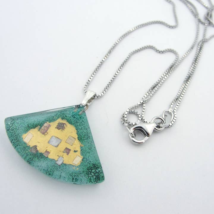 Aqua Golden Phase Fan Charm Necklace for wholesale by Momo Glassworks