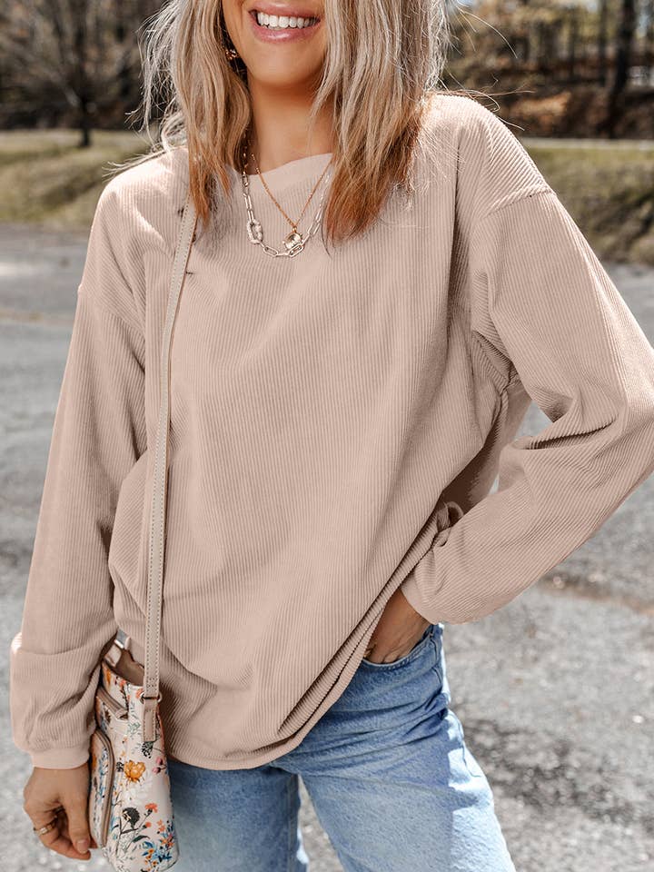 Apricot Ribbed Corduroy Oversized Sweatshirt for wholesale on Faire0