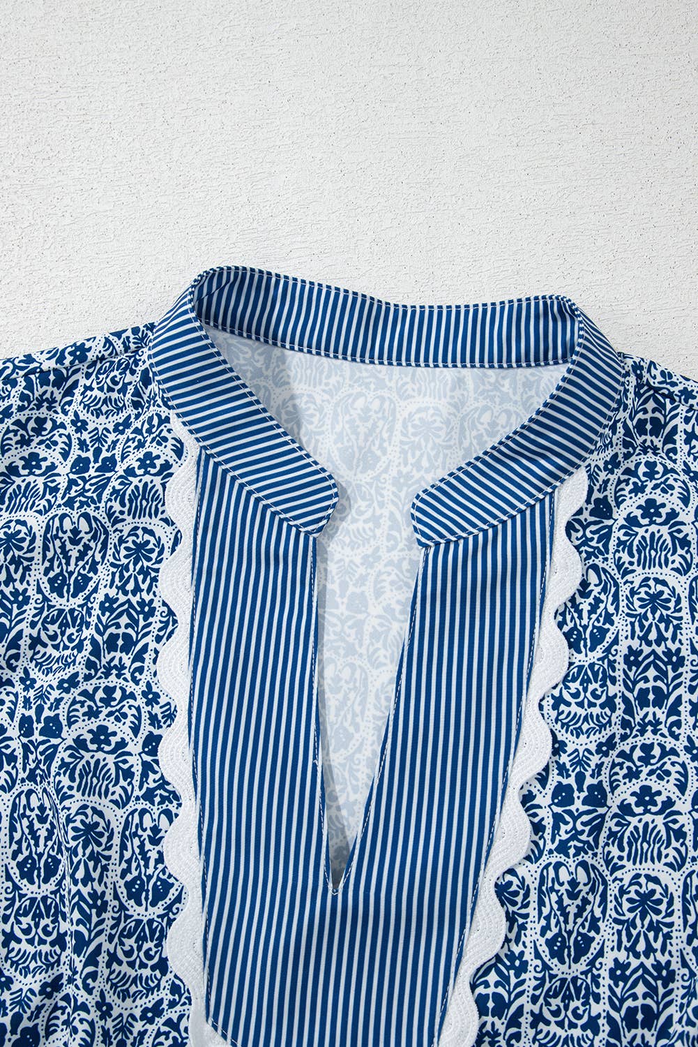 Blue Floral Striped Print Contrast Ric-rac Puff Sleeve Top for wholesale on Faire6