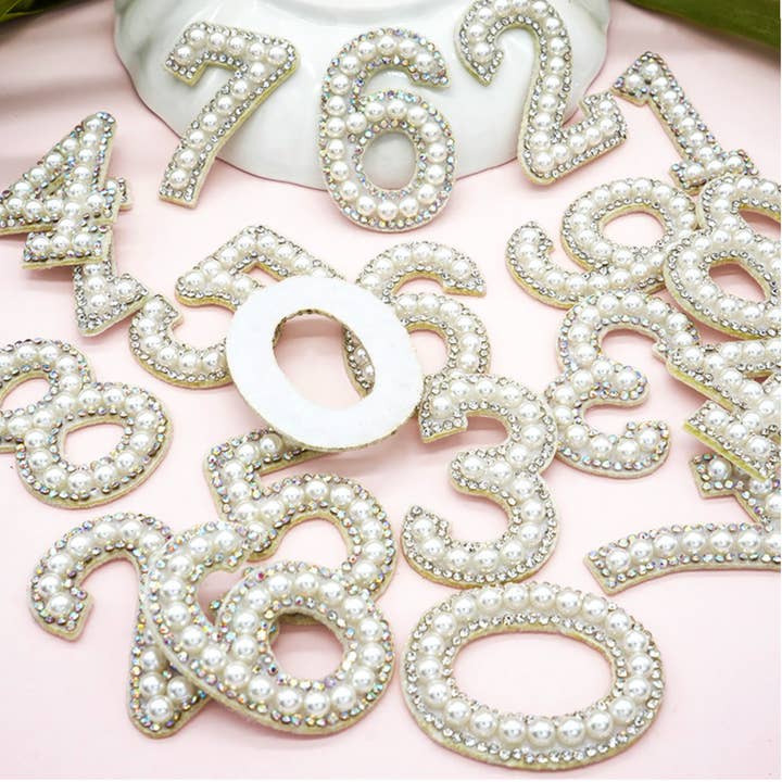 0 to 9 Pearl Rhinestone Number Patches for Clothes Slippers for wholesale on Faire2