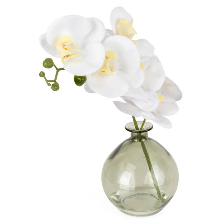 Candlelight Products Ltd – wholesale Artificial flowers – 33cm Orchid in Green Glass Vase 6PK1