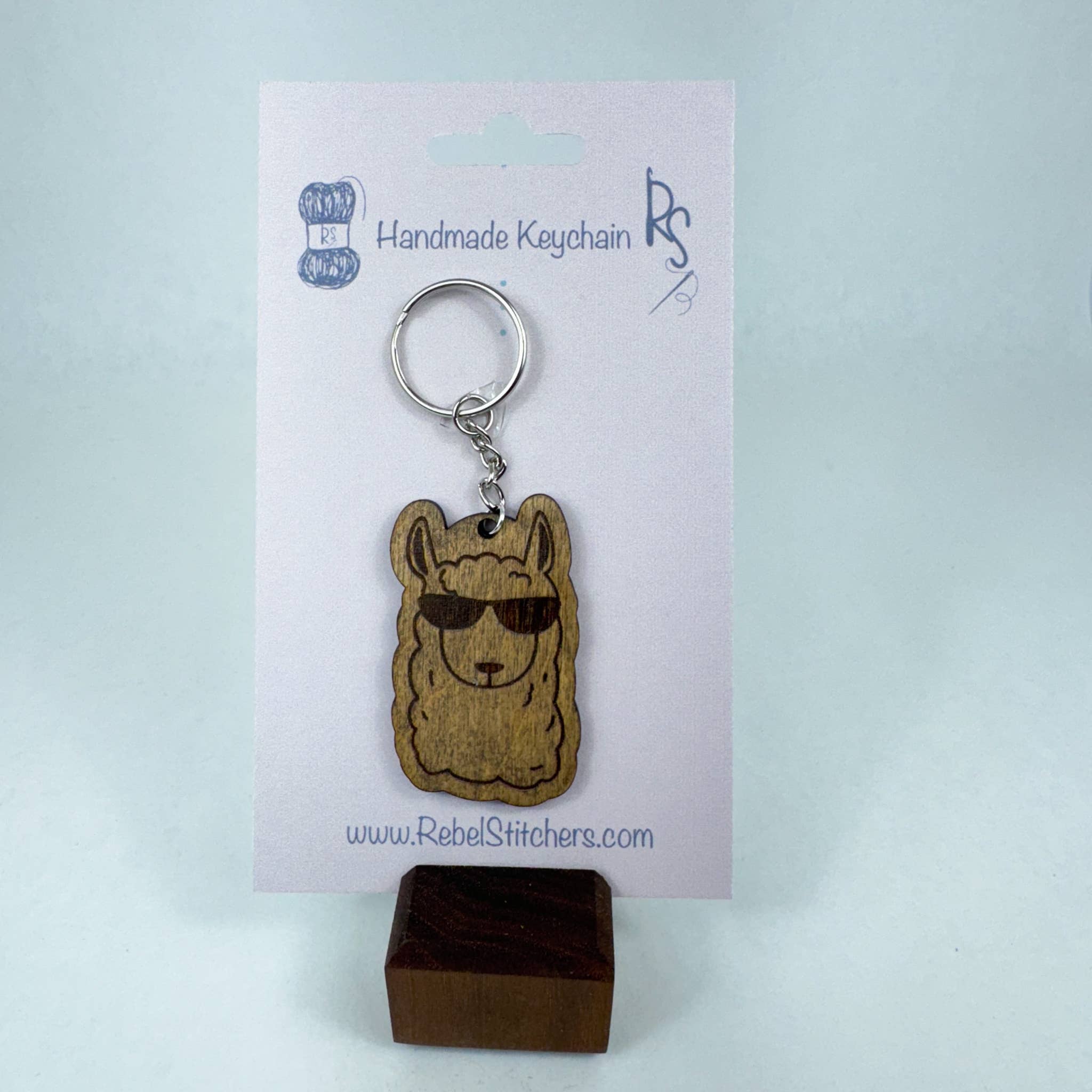 Art by Erica H & Rebel Stitchers - Wholesale Keychain - Unisex - Handmade Wooden Alpaca Keychain – Engraved with Sunglasses5