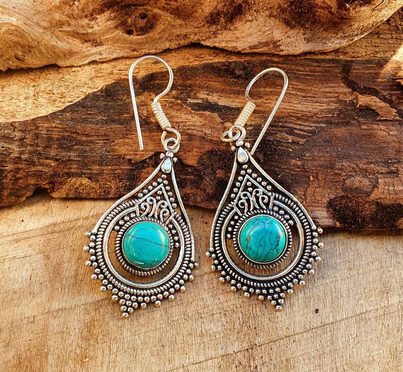 Kaali Boutique – wholesale Dangle earrings – Turquoise Silver Drop Dangle earrings / Birth Stone / Ethnic / rustic, yoga, hippie, gypsy, pretty, psy, boho, bohemian, festival2