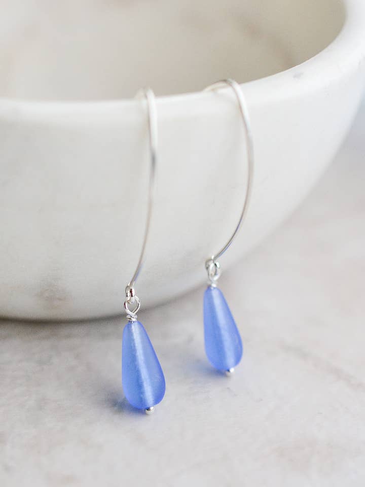 Eco Sea Glass Marquis Droplet Earrings - Sapphire Blue for wholesale by Sosie Designs