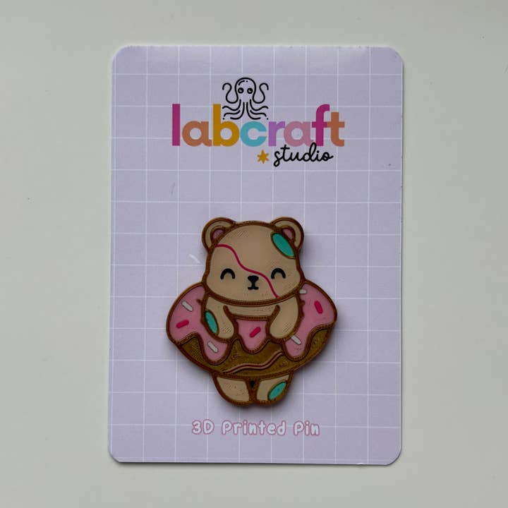 Cute Kawaii Bear & Donut - 3D Printed Pin - Cute Accessory for wholesale by Labcraft Studio
