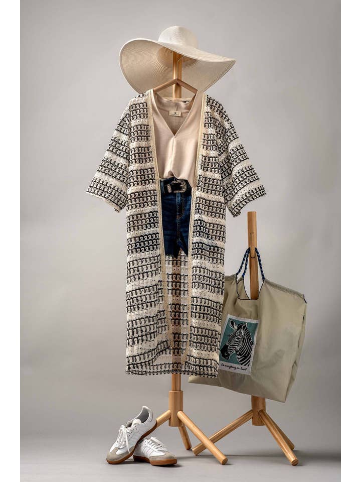 Urban Daizy - Wholesale Cardigan - Women's - Geometric Crochet Kimono Sleeve Midi Cardigan