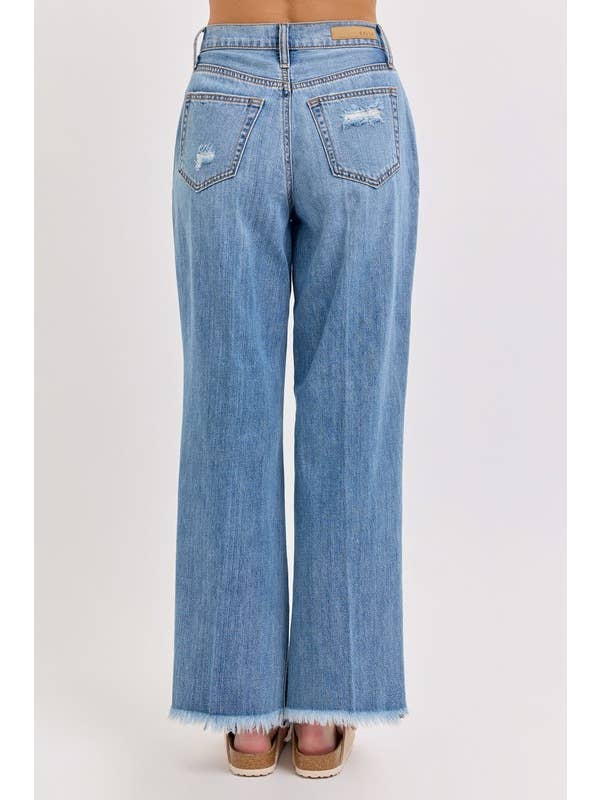 Medium Denim 97303ND-Destroyed High Waisted Raw Hem Cut Out Jeans for wholesale on Faire2