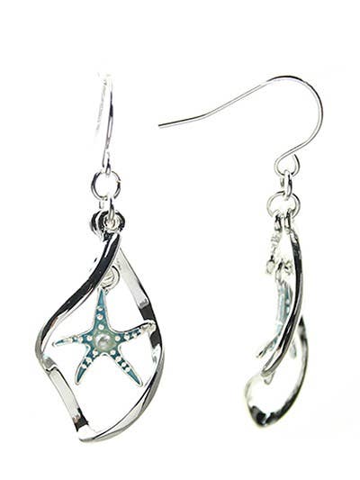 0011 PREMIERE – Großhandel Ohrhänger – FR2189 Türkisfarbene Wellen Seestern Perlen Metall Hängeohrringe1