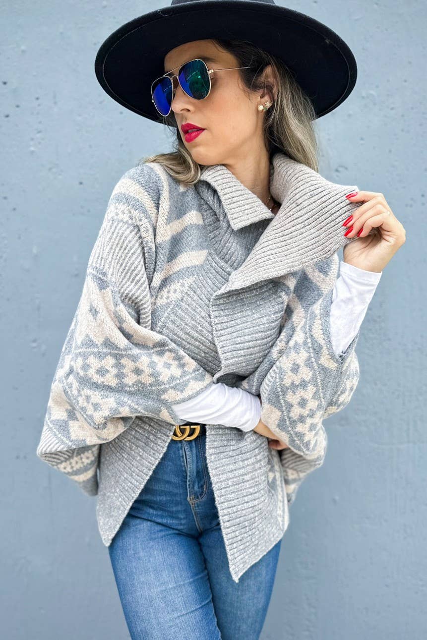 Grey Aztec Pattern Dolman Sleeve Open Front Knit Cardigan for wholesale on Faire1