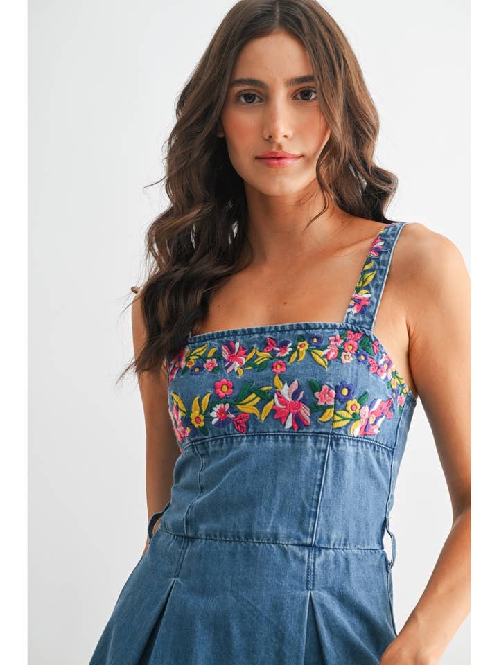 FLORAL EMBROIDERED DENIM SUNDRESS for wholesale by Camellia